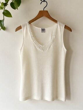 Ivory Lace Trim Knit Tank • Made in Italy • Quiet Luxury Minimalist
